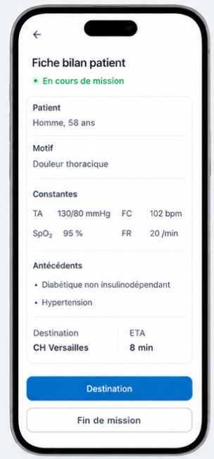 Fiche bilan patient sur l'application mobile ambulancier