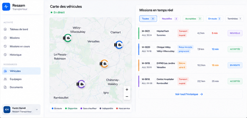 Interface web Régulation : carte des véhicules et missions en temps réel