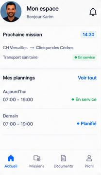 Application mobile Régulation : mon espace, planning et prochaine mission