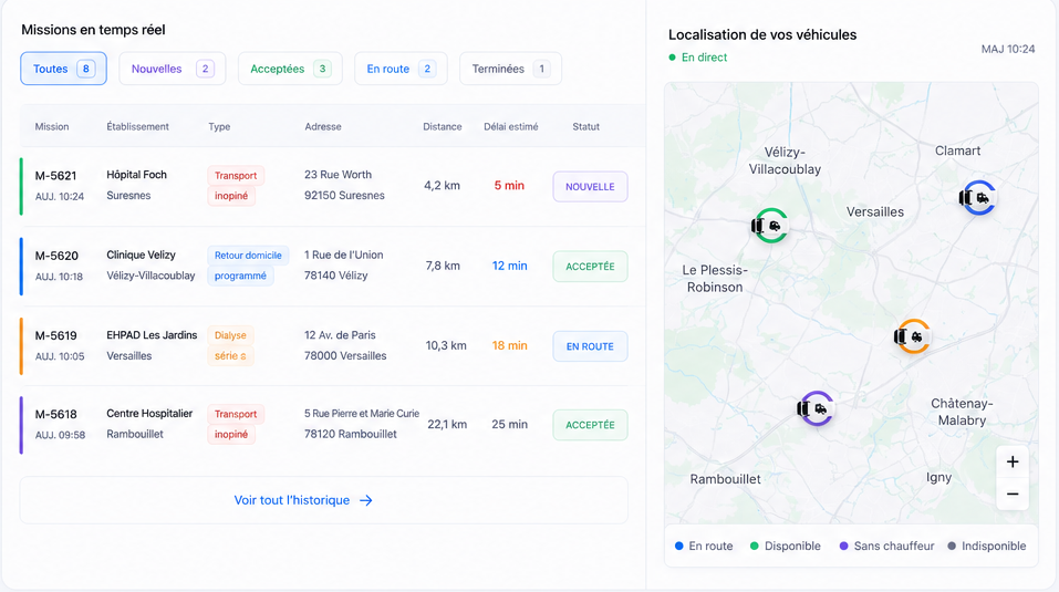 Missions en temps réel côté transporteur avec statuts et délais